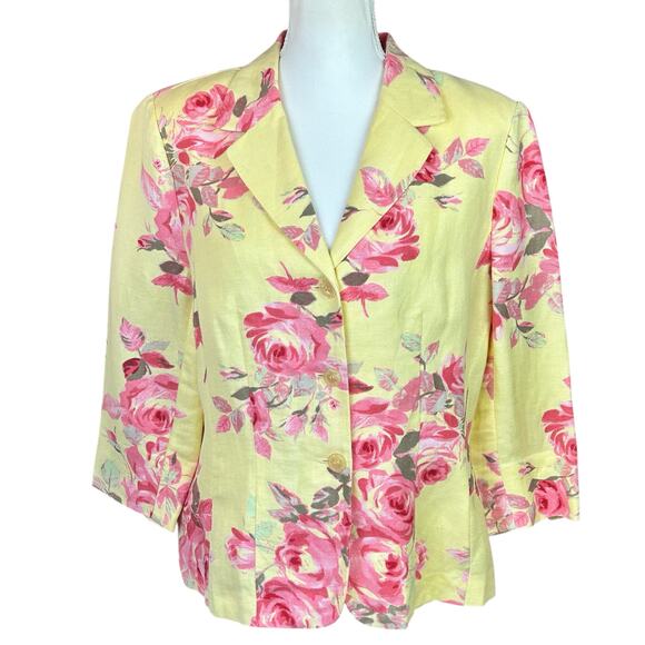 Emma James Blazer Women Size 14 Yellow Pink Floral Linen Rayon Bohemian Jacket - Picture 1 of 12